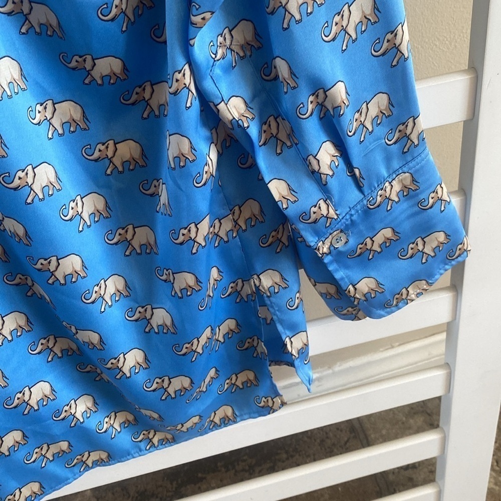 ZARA Baby Blue Elephant Print Button Down Long Sleeve Blouse Size Small - Picture 9 of 13